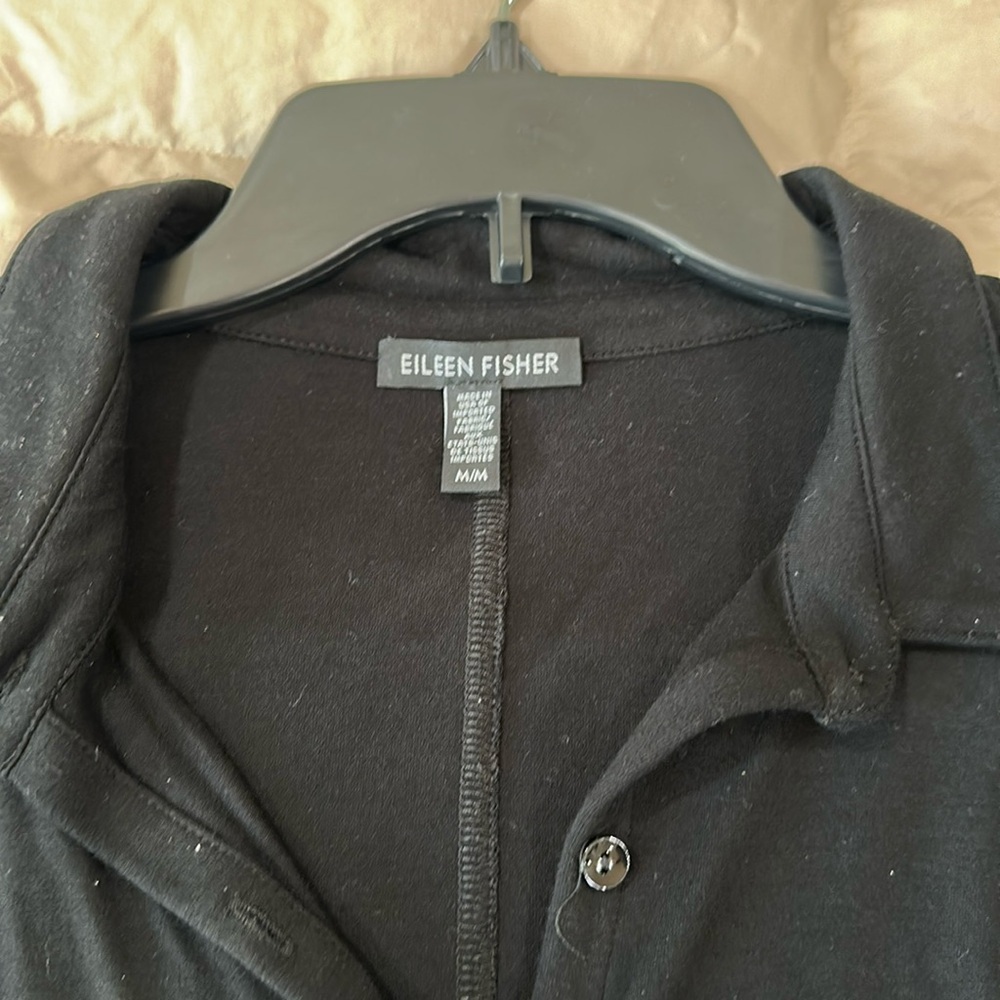 Eileen Fisher M black cap sleeve dress excellent button front viscose blend